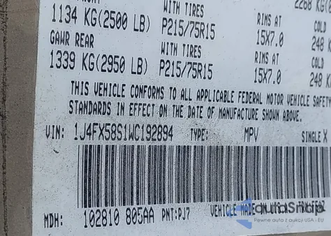 1998 Jeep Grand Cherokee Laredo from USA, damaged, VIN 1J4FX58S1WC192894